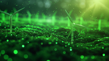 Wind turbines on green grass. Renewable energy concept. 3D Renderingの素材
