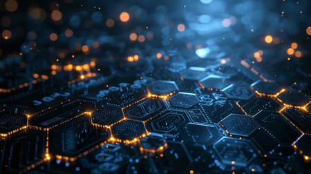Futuristic circuit board with glowing particles. 3d render illustrationの素材