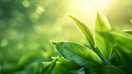Close up of fresh green leaf on blurred nature background with sunlight.の素材