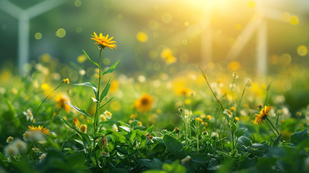 Beautiful yellow flowers in the meadow at sunset. Nature backgroundの素材
