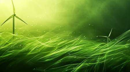 Wind turbines on green grass. Renewable energy concept. 3D Renderingの素材