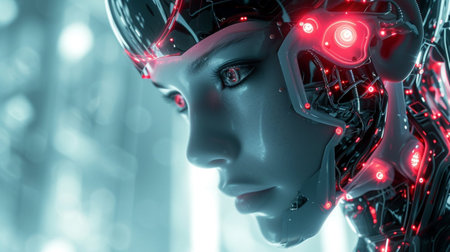 Cyborg woman face closeup. 3D rendering with DOFの素材