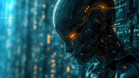 Cyborg man in futuristic space suit. 3d rendering toned imageの素材