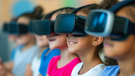 kids with virtual reality headset or 3d glasses playing game at schoolの素材
