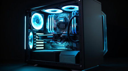 Computer server with blue light in dark room. 3D Renderingの素材