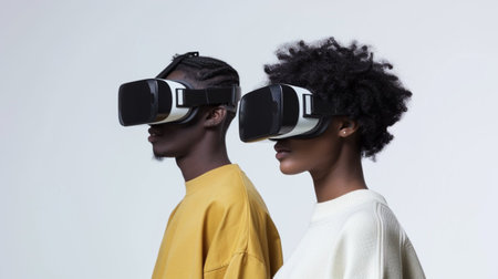 African american woman and man using virtual reality headset isolated on greyの素材