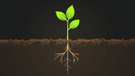 Green sprout with roots on dark background. Vector Illustration.の素材