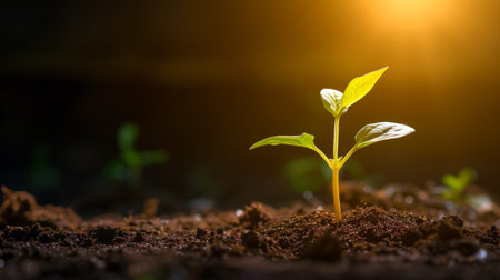 Green seedling illustrating concept of new life and natural growing from seedの素材