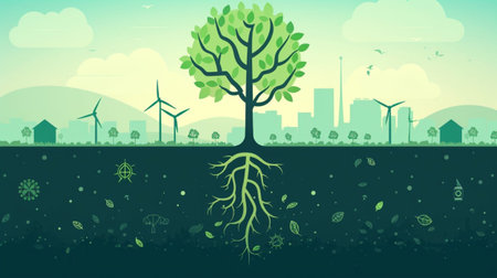 Ecology background with wind turbines and trees. Vector Illustration.の素材