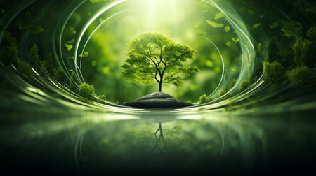 Ecology concept with green tree in shape of tunnel. 3D renderingの素材