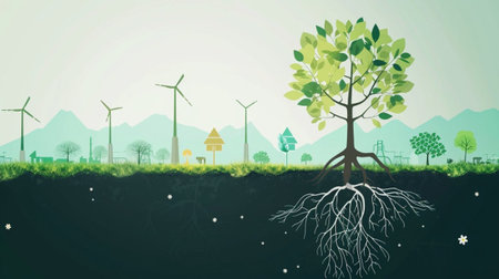 Green energy concept with tree and windmills. Vector illustration.の素材