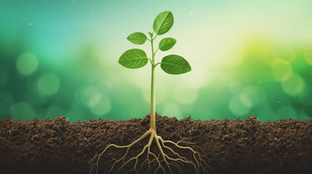 Green sprout with roots on blurred background. Ecology concept. Vector illustrationの素材