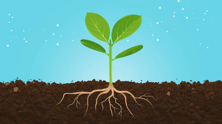 Green seedling with roots in the ground. Vector Illustration.の素材