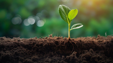 Green seedling illustrating concept of new life and investment in green businessの素材