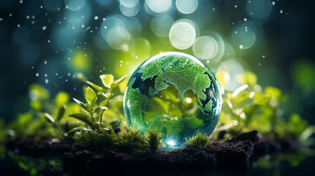 Green planet with grass and bokeh background. Environment conservation concept.の素材