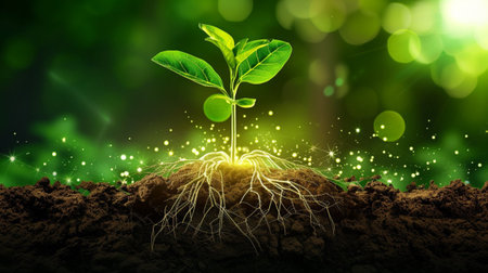 Green plant with roots and bokeh background, 3d renderの素材