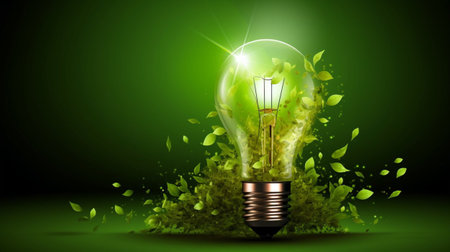 Green eco energy concept with lightbulb and leaves on green backgroundの素材