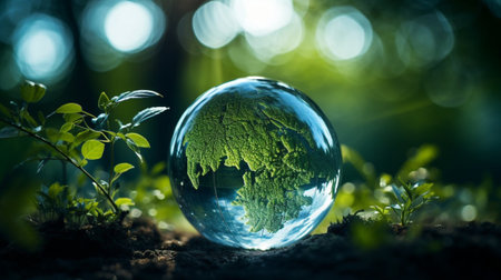 Glass globe with green plant on nature background. Global warming concept.の素材