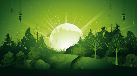 Hanging lanterns in the forest with full moon. Vector illustration.の素材