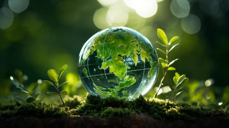 Glass globe with green leaves on moss and bokeh background.の素材