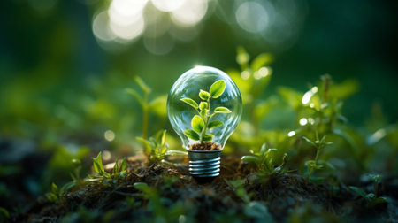 Green light bulb with plant growing out of it. Ecology concept.の素材