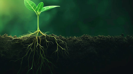 Green seedling growing from soil with visible roots, 3d renderの素材