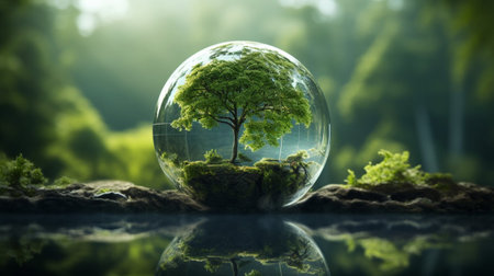 Ecology concept. Green tree in glass ball. 3D renderingの素材