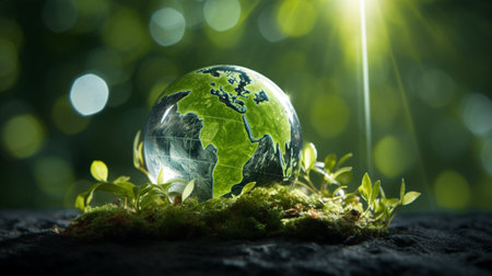 Glass globe on moss with green bokeh background. Ecology conceptの素材