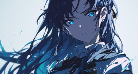 Fantasy illustration of a beautiful young woman with blue eyes and long hair.の素材