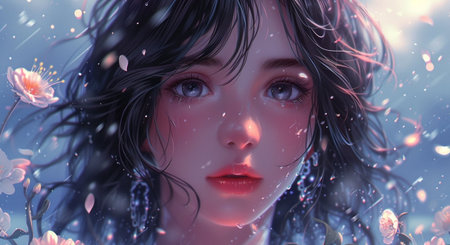 3D illustration of a beautiful girl with flowers in her hair.の素材