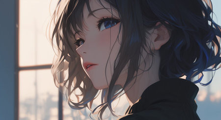Portrait of a beautiful young girl with blue hair in a black coat.の素材