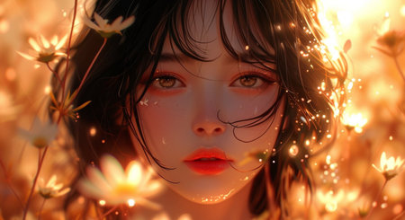 Fantasy portrait of a beautiful young woman in a field of flowersの素材