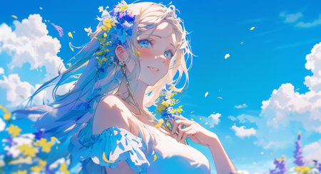 3D Illustration of a Fantasy Girl with Flowers in her Hairの素材