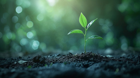 Green plant growing in the soil with bokeh background. Ecology concept.の素材