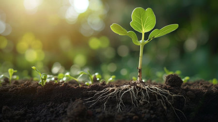 Green seedling illustrating concept of new life and green investment in agricultureの素材