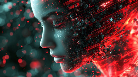 3D rendering of a female cyborg head with red light backgroundの素材