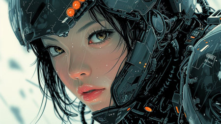 3D rendering of a female astronaut wearing a helmet and looking at the cameraの素材
