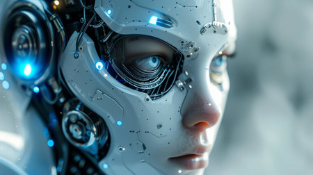 Cyborg woman face close up. Futuristic cyborg girl. 3D renderingの素材