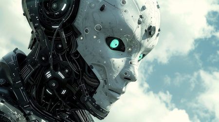 3D rendering of a female robot with a cloudy sky background.の素材