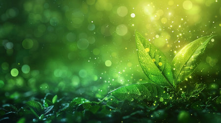 Green tea leaves with bokeh background. 3D illustration.の素材