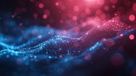 3D rendering of abstract digital landscape with glowing particles. Futuristic wave with depth of field and bokeh.の素材