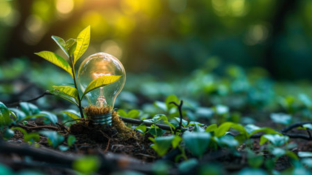 Light bulb and young plant growing out of the soil in the forestの素材