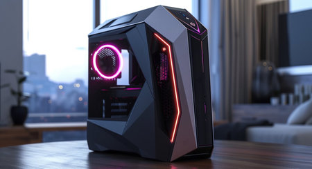 3D rendering of a black computer case with red neon lights on itの素材