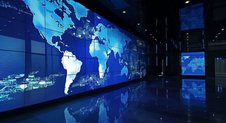 World map on a wall in a modern office building 3D renderingの素材