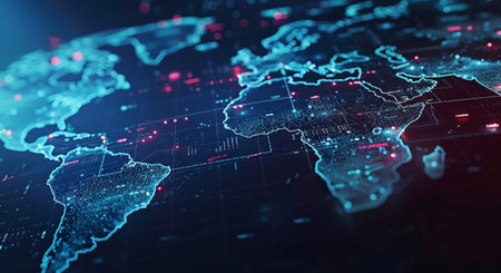 World map with binary code. Global network concept. 3D Renderingの素材
