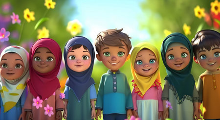 3d rendering of muslim kids in the garden with spring flowersの素材
