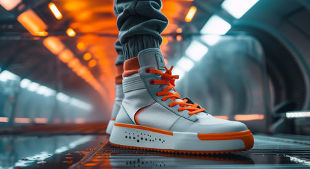 Sneakers in a futuristic tunnel. 3d rendering, 3d illustration.の素材
