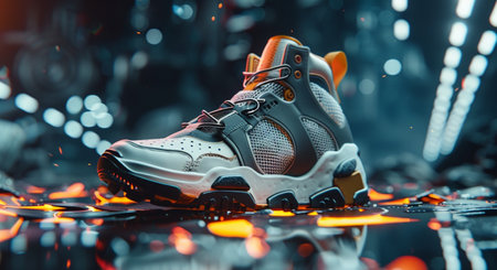Sneakers on a dark background. 3d rendering. Neon lights.の素材