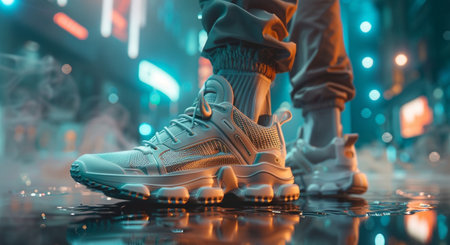 Close-up of sneakers in the city at night with neon lights.の素材