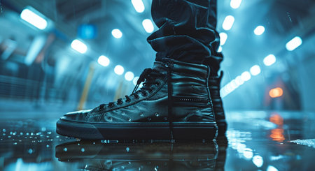 Close up shot of a man's feet in black leather boots on a dark backgroundの素材